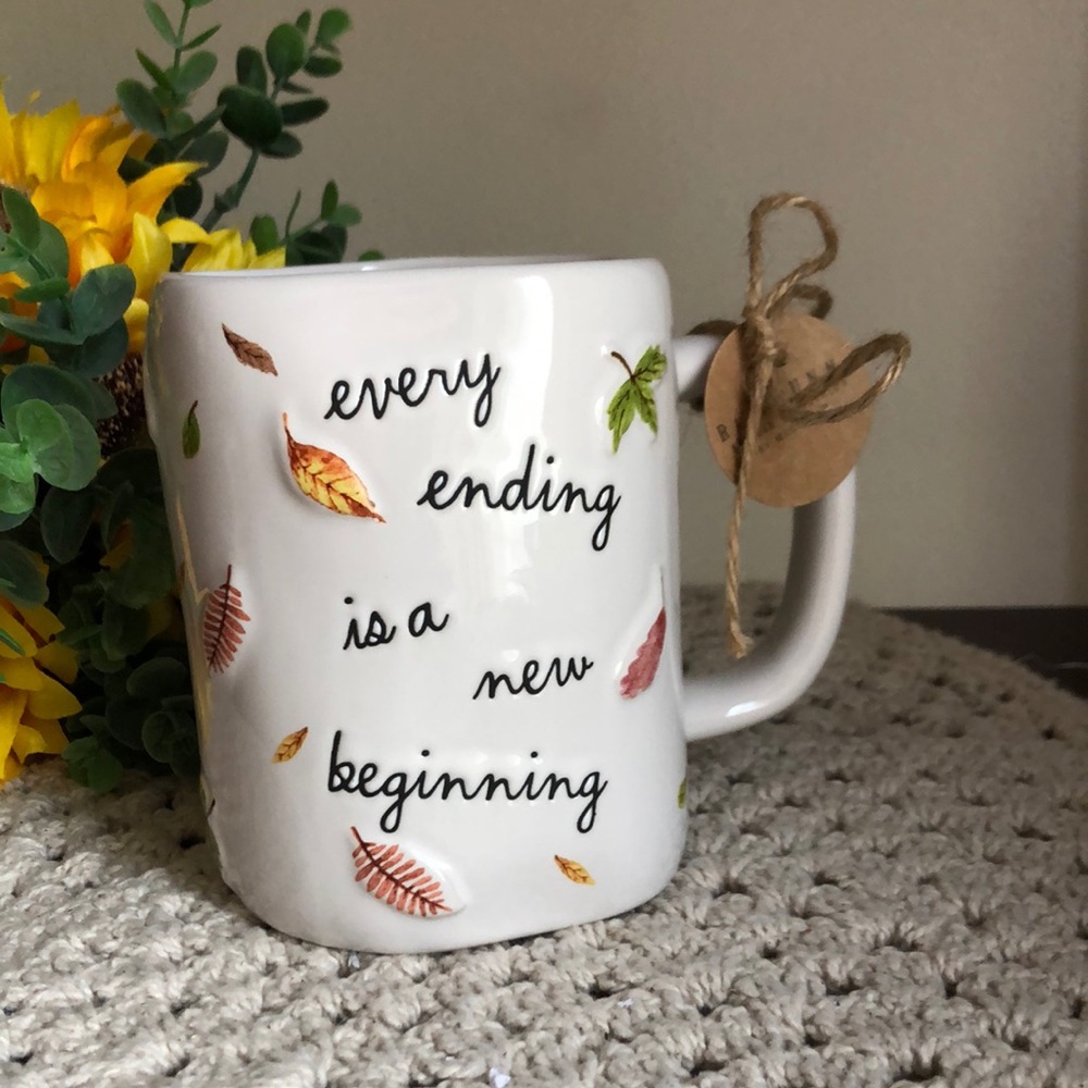Rae Dunn White Mug with Leaf Accents - Every ending is a new beginning